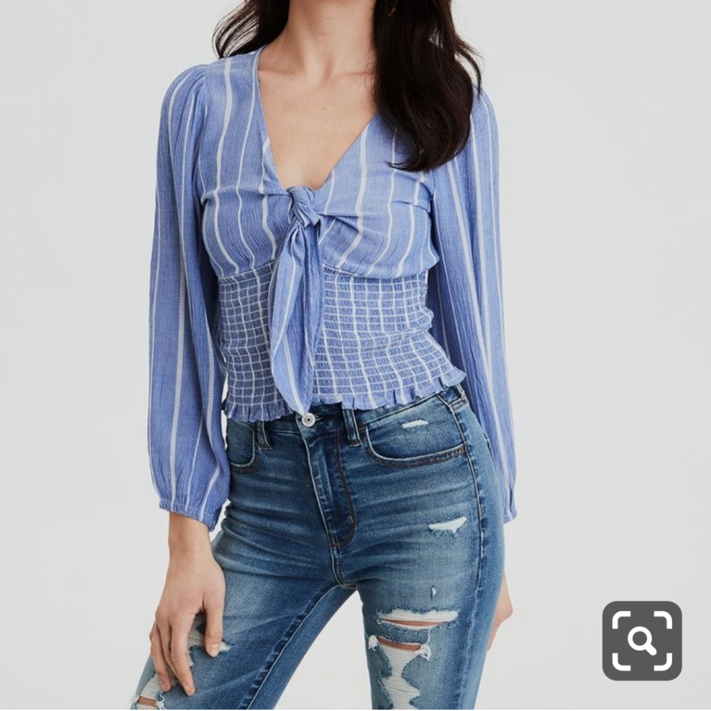 American Eagle smocked tie front blouse